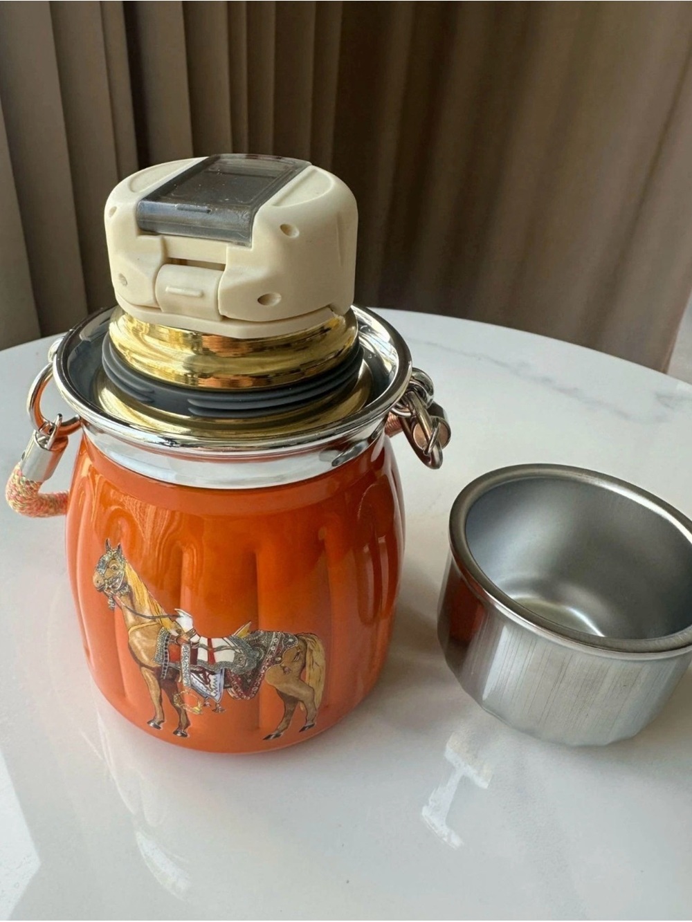Hermes Orange Horse-Print Decorative flask with Metallic Lid - Picture 6 of 9